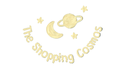 Logo of 'The Shopping Cosmos' with celestial design elements on a dark blue background